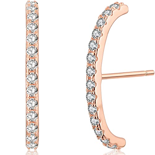 18K Gold Plated Sterling Silver Paved Gemstone Curved Bar Ear Cuffs Suspender Earrings CZ Huggie Earrings - color: 18K Rose Gold Plated
