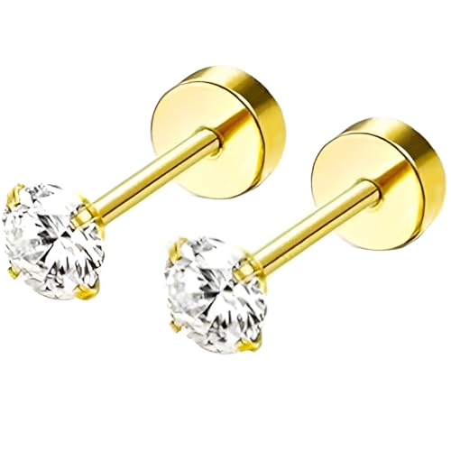 Stainless Steel Stud Earring 1 Pair Gold Flatback Earrings Hypoallergenic Screwback Jewellery Flat Back Helix Jewelry for Sensitive Ears Women Ladies Aretes De Mujer - style: Zircon 4 mm