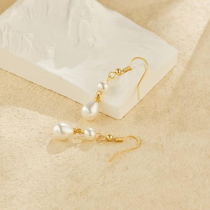 Freekiss Pearl Earrings for Women Trendy: Flat Back Stud Earrings 14K Gold Plated/925 Sterling Silver Freshwater Pearl Dangle Earrings Cute Bow Earrings Wedding Jewelry Birthday Gifts for Women Girls - style: double pearl drop earrings