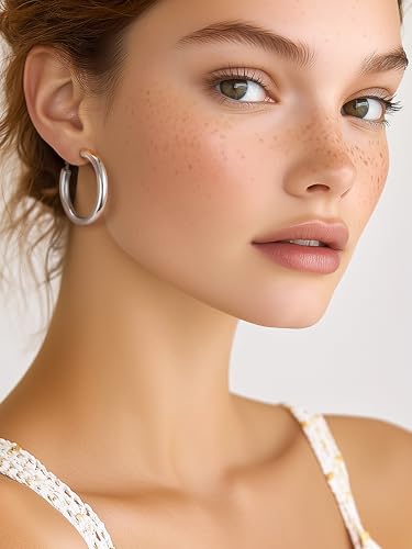 PROSTEEL Chunky Hoop Earrings for Women 14K Gold Plated/Black/Silver | 20/30/40/50/60/70/80mm Stainless Steel Thick Big Round Hoop with Waterproof and Non Tarnish Trendy Jewelry with Gift Box - color: 1. Silver, size: 40MM