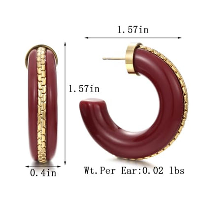 Gold Plated Resin Chunky Hoop Earrings Hypoallergenic Push Back Hoops for Sensitive Ears - color: Burgundy
