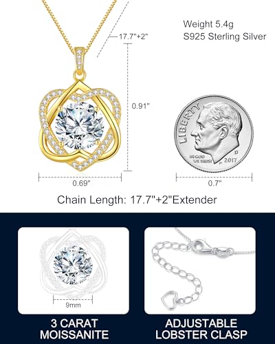 InfinityLove Heart Pendant Necklaces for Women, 2-5 Carat Moissanite Heart Necklace, Anniversary Birthday Christmas Valentine Engagements Mothers Day Jewelry for Wife Her Girlfriend Mom Daughter - color: Gold-3CT