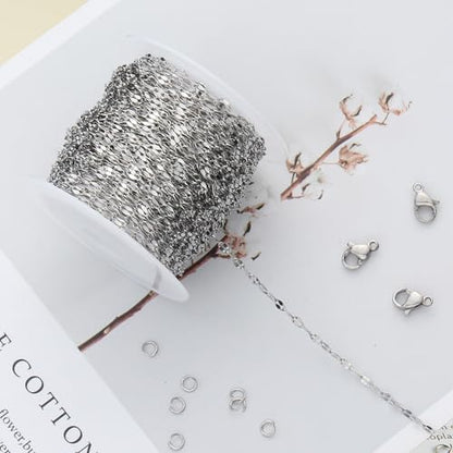 Kyutong Small Necklace Chain for Jewelry Making Stainless Steel Cable Link | 10 Meters Thin Craft Chain on Bulk Stainless Steel Jewelry Making Supplies with Lobster Clasps Jump Ring for Crafting - color: Silver Lip
