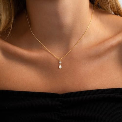 Plenky Pearl Necklaces for Women-14k Gold Plated Layered-Single Pearl Necklace Simple Pearl Choker Necklaces for Women Trendy Cute Gold Necklace Jewelry for Women Gifts - style: CZ Leaf Pearl Necklace