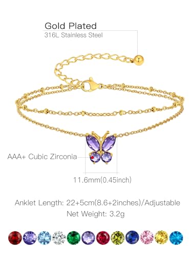 Suplight Gold Plated Butterfly Anklets for Women Waterproof, Layered Boho Ankle Bracelet with Birthstone, Stainless Steel Adjustable Non-Tarnish Heart Foot Jewelry Beach Vacation - color: 02. Butterfly-Feb. Amethyst