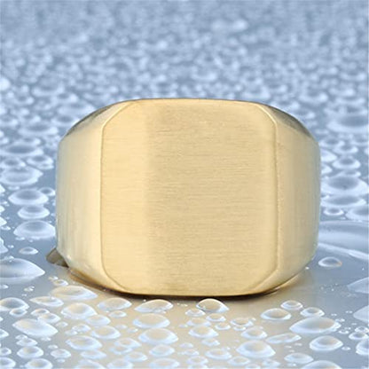 HIJONES Mens Stainless Steel Signet Ring Matte Brushed Square | Simple Statement ,Wedding Band,Polished Round - color: Square-Gold