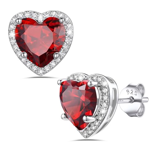 Bestyle Authentic 925 Sterling Silver 2 Carat Birthstone Earrings for Women, More Sparkle Heart/Round Solitaire Diamond Studs Earrings, Great Birthday/Christmas/Anniversary Jewelry for Wife Mother - color: 01. Jan. Garnet-Heart