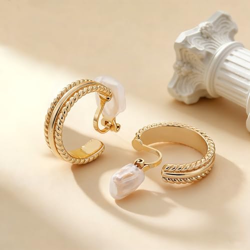 Clip on Earrings for Women Silver and Gold Plated Twisted Rope Hoops Non Pierced C Hoop Earring Lightweight Two Tone Clips Mixed Metal Jewelry Gifts - color: Twisted Hoop-gold