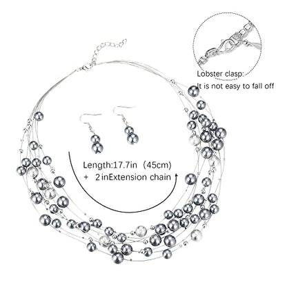 FULU AUTUMN Layered Pearl Necklace Multi-strand Pearl Choker Necklaces for Women Beaded jewelry for Wedding Parties - color: 37-Grey