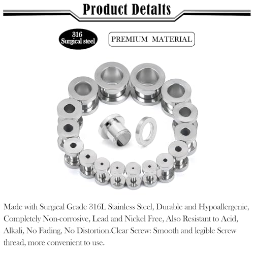14G-00G Double Flare Screw On Gauges Tunnels Plugs Stretching Set Kit 316L Surgical Steel Gauges Tunnel Plug for Ears Size 16G 12G 10G 8G 6G 4G 2G 0G 00G Women Men - color: Silver Tone-14G-00G