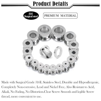 14G-00G Double Flare Screw On Gauges Tunnels Plugs Stretching Set Kit 316L Surgical Steel Gauges Tunnel Plug for Ears Size 16G 12G 10G 8G 6G 4G 2G 0G 00G Women Men - color: Silver Tone-14G-00G