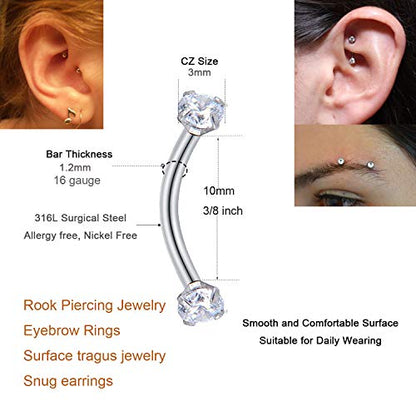 Rook Piercing Jewelry Rook Earrings for Women Eyebrow Rings Surgical Steel Vertical Labret Jewelry 16g 14g Curved Barbell Snug Daith Surface Tragus Piercing Jewelry Silver Gold - color: A1 - 3/8"(10mm) -silver