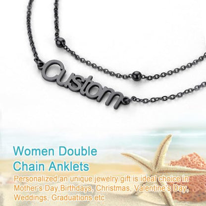 U7 Custom Layered Ankle Bracelets for Women Stainless Steel Bead/Cuban/Figaro/Rope/Wheat Chain Anklet Waterproof Anklet Jewelry for Beach Vacation - color: c-Black-Bead Chain