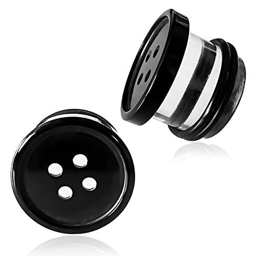 2Pcs Acrylic Plug Gauges for Ears Women Men Black White Button Plug Earrings, Single Flared Saddle Stretching Gauge Tunnels Expanders, Four Hole Button Piercing Plugs with Rubber O-Rings 8G to 1 Inch