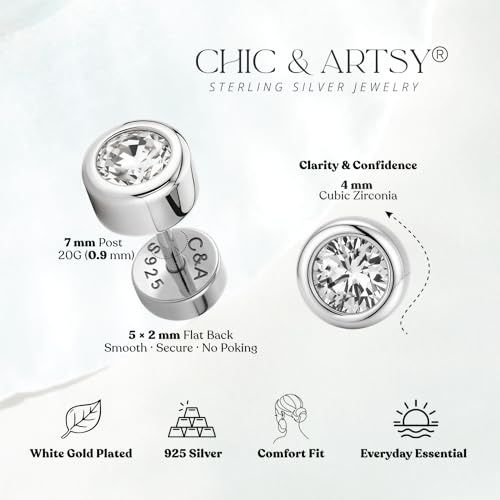 CHIC & ARTSY 18K Gold Plated Solid 925 Sterling Silver Flat Back Earrings for Women Multiple Piercings Screw Back Earrings Cartilage Hypoallergenic Jewelry - style: 925 Silver Flat Back #8