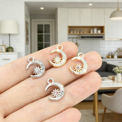 Celestial Charm Jewelry Set, 60pcs Sun Moon Star Pendants in Silver & Gold for DIY Necklace, Earrings, Bracelets – Perfect for Crafting & Jewelry Making