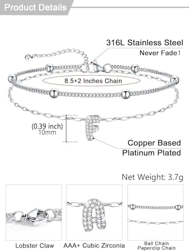 U7 Initial Ankle Bracelets for Women Silver/Gold Anklets Waterproof, 14K Gold Plated Layered Anklets Bracelet Stainless Steel Hypoallergenic 8.5"-10.5" - color: Silver-CZ, size: F