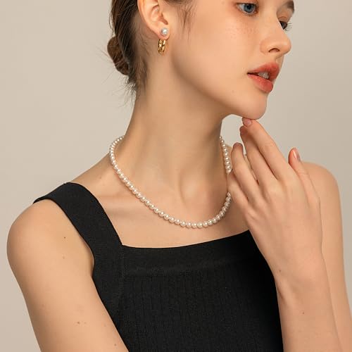 Pearl Necklace for Women Paperclip Chain Chunky Gold Necklace, Freshwater Cultured Pearls Trendy Link Chain 18K Gold Plated Dainty Pearl Choker - color: 6mm White Pearl Necklace