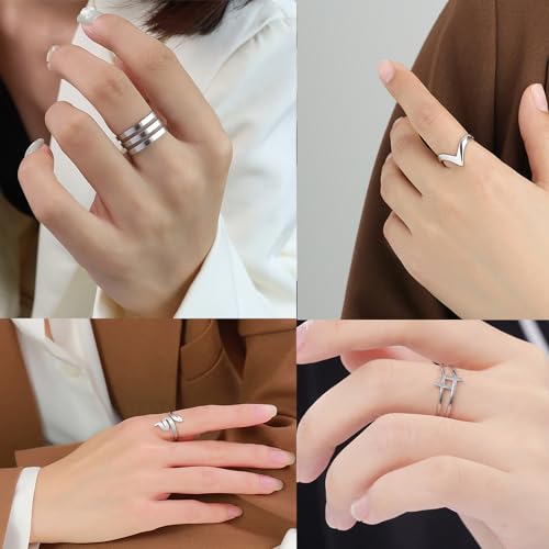 Loqimu 6 Pack Silver Midi Rings Stainless Steel Stackable Rings for Women Open Knuckle Rings Set Wide Irregular Finger Rings for Teen Girls Hug Geometric Fashion Rings Aesthetic Jewelry Gift - color: Silver 2