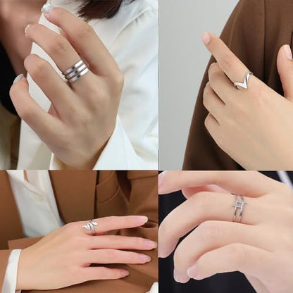 Loqimu 6 Pack Silver Midi Rings Stainless Steel Stackable Rings for Women Open Knuckle Rings Set Wide Irregular Finger Rings for Teen Girls Hug Geometric Fashion Rings Aesthetic Jewelry Gift - color: Silver 2