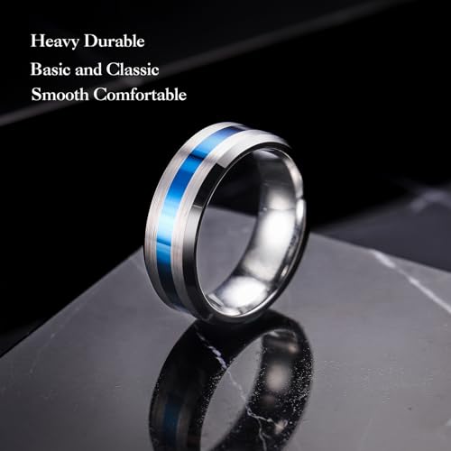 King Will Classic Tungsten Carbide Ring Brushed Two Grooved Center Hammered Design Mens Wedding Band for Men | Black/Silver/Gold, 8mm, Men's Wedding Band, Grooved, Comfort Fit, Everyday Wear - color: B-Silver&Blue 8mm