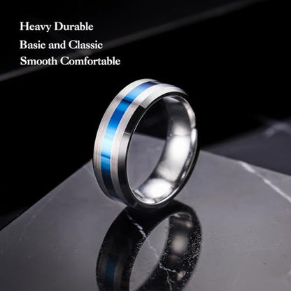 King Will Classic Tungsten Carbide Ring Brushed Two Grooved Center Hammered Design Mens Wedding Band for Men | Black/Silver/Gold, 8mm, Men's Wedding Band, Grooved, Comfort Fit, Everyday Wear - color: B-Silver&Blue 8mm