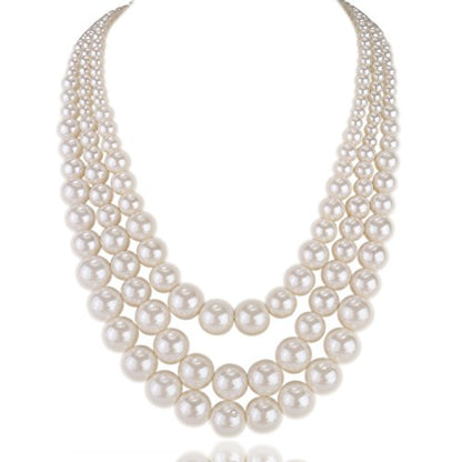 Kalse 3 Layers Strand Simulated Pearl Strand Bib Pendant Choker Chain Necklace (3 Strands)