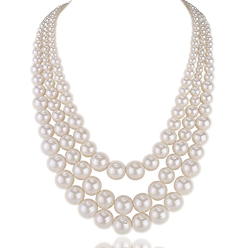 Kalse 3 Layers Strand Simulated Pearl Strand Bib Pendant Choker Chain Necklace (3 Strands)