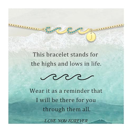 Gold Bracelets for Women Non Tarnish Graduation Gifts for Daughter 2026 Initial Bracelets for Women Mom Gifts Inspirational Wave Bracelet Grandma Letter A-Z Birthday Jewelry Christmas Stocking Stuffers - style: 10-J