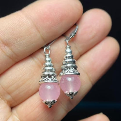 Natural 10mm Stone Beads Drop Earrings,Retro Silver Round Quartz Crystal Gemstone Beads Dangle Earrings for Women - color: A17_Rose Quartz