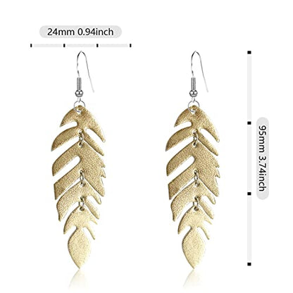 Handmade Unique Lightweight Bohemian Genuine Leather Leaf Dangle Drop Earrings Dainty Sparkly Chain Feather Hook Earring for Women Statement - color: Gold