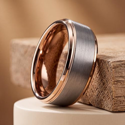 Tungsten Wedding Band Ring Black 10mm Men Women Comfort Fit 18k Rose Gold Step Edge Brushed Polished - color: Rose Gold Grey Tungsten