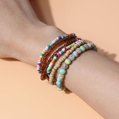 Bohemian Colorful Crystal Glass Beads Seed Beaded Bracelet Handmade Adjustable Stackable Elastic Strand Bangle for Women Summer Beach Hawaii Boho Wristbands Jewelry - color: brown