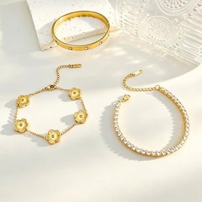 Gold Stackable Bracelets for Women 18K Gold Plated Floral Bracelet, Stainless Steel Bangle Bracelets Trendy Jewelry as Gifts for Women - style: Gold