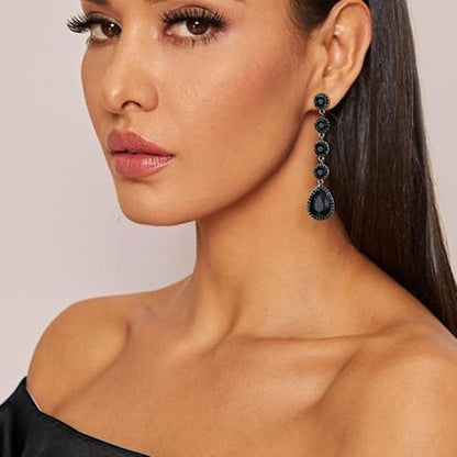 EleQueen Women's Wedding Crystal Teardrop Pear Shape 3 Inch Clip on Long Dangle Earrings for Bride Bridesmaid, Jewelry for Party Prom/Anniversary - color: Black Black -Tone