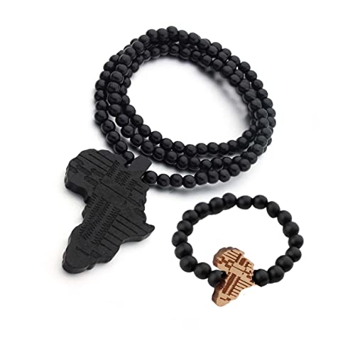 COLORFUL BLING Multicolor 8MM Wooden Bead Chain African Hip-hop Africa Map Pendant Necklace for Men Boys Natural Wood Jewelry - color: set black