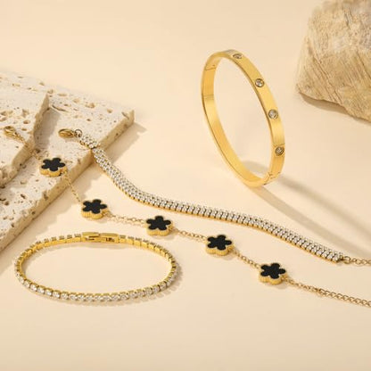 18 K Gold Plated Love Bangle Bracelet Stack for Women,Set of 4 Floral Clover Chain, Tennis Crystal &Gold Stackable Bangle Bracelet -Adjustable Layered Jewelry Gift for Wife Valentines Mother's Day-MVCOLEDY - color: Black and White CZ