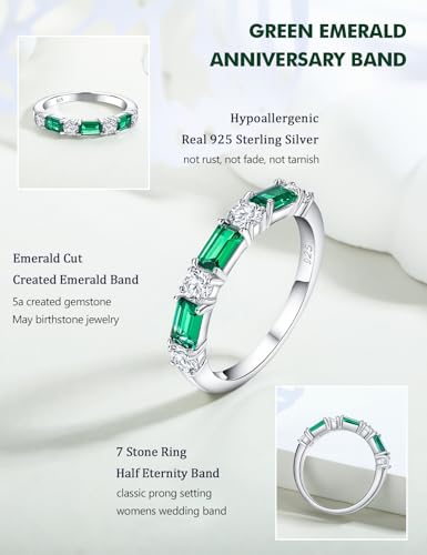 3.5mm Half Eternity Band Sterling Silver Rings for Women Sapphire/Ruby/Emerald and Cz Wedding Bands 7 Stone Stackable Birthstone Ring Anniversary Jewelry Size 6-10 - color: 05-Emerald-May