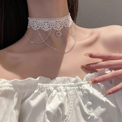 Lace Heart Choker Necklace, Multi-Layer Tassel Gothic Lolita Jewelry | Lace choker with heart pendant and multi-layer tassels. Romantic gothic aesthetic, perfect for lolita or edgy party looks.