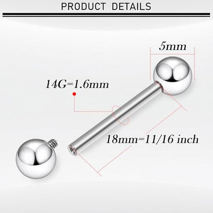 16G-00G Tongue Rings Nipple Piercings Internally Threaded Straight Barbell 316L Surgical Steel Body Piercing Jewelry for Women Men Black silver 12mm 14mm 16mm 19mm Bars Length - color: Silver, size: 14G(1.6mm)-18mm barbells-5mm Balls