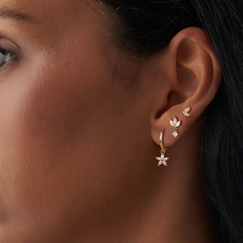 Sterling Silver Earrings Stacks for Women, Hypoallergenic Cartilage Earring | Dainty Stud Huggie Hoop Dangle Chain Earrings, 14K Gold/White Gold Plated - color: 3Pairs-Flower CZ Set-Gold