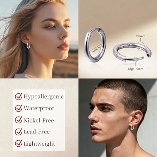 Limerencia G23 Hypoallergenic Titanium Earrings Hoops Small Huggie Earrings | 18G Cartilage F136 Pure Titanium Huggie Hoops with Cubic Zirconia, Ear Cuff Style Jewelry for Women Men with Sensitive Ears - color: No stones, size: 14mm