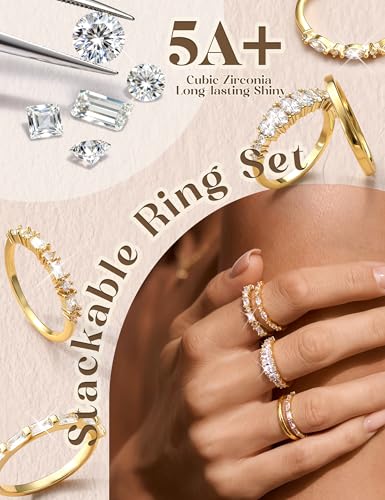 FUNRUN JEWELRY 14K Gold Plated Rings for Women Non Tarnish Stackable Rings Dainty Cubic Zirconia Band Pinky Thumb Knuckle Ring Set Trendy Statement Promise Wedding Thin Stacking Ring Size 5-10 5PCS - style: Dainty-14K Gold Plated
