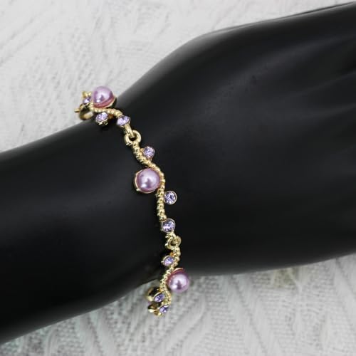 Bridal Pearl Choker Necklace Earrings Bracelet Wedding Crystal Jewelry Set for Women Brides Bridesmaid Prom - color: Violet-Gold Plated