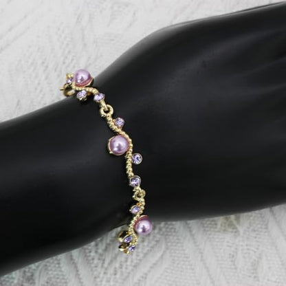 Bridal Pearl Choker Necklace Earrings Bracelet Wedding Crystal Jewelry Set for Women Brides Bridesmaid Prom - color: Violet-Gold Plated