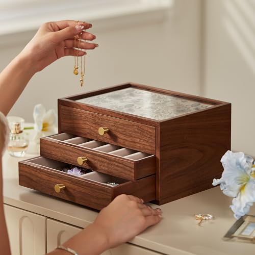 Black Walnut Wooden Women Jewelry Box with Glass Lid, 3 Layer | Blue Floral Glass Lid, Wood Drawer Jewelry Organizer for Women, For Necklaces, Watch, Ring, Earring Storage,Ideal Gift - style: 3 Layer B