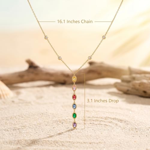 Gmai 18K Gold Plated Stainless Steel lariat Y Necklace for Women, Dainty Layered & Single Chain Drop Necklace with Multicolor CZ Pendant,Waterproof Non Tarnish Trendy Jewelry Gift for Her
