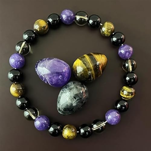 Natural Stone Beaded Bracelet for Men Women, Malachite Tiger Eye Obsidian Elastic Stretch Bracelet for Wealth & Energy - color: Black purple 1