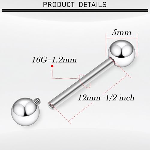 16G-00G Tongue Rings Nipple Piercings Internally Threaded Straight Barbell 316L Surgical Steel Body Piercing Jewelry for Women Men Black silver 12mm 14mm 16mm 19mm Bars Length - color: Silver, size: 16G(1.2mm)-12mm barbells-5mm Balls