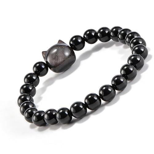 Agate Round Beaded Bracelet for Women Men Natural Agates Stone Healing Bracelets Stretch Elastic Handmade Polished Gemstone Beads Bracelet - color: Cat Black Obsidian, size: 8mm Beads